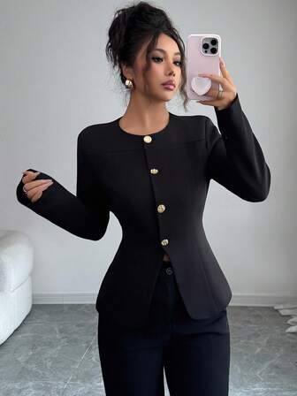 Elenzga Women's Round Neck Metal Decor Button Regular Blazer