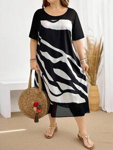 EMERY ROSE Plus Size Women's Short Sleeve Colorblock Printed Vacation Casual Blue And White Striped Dress