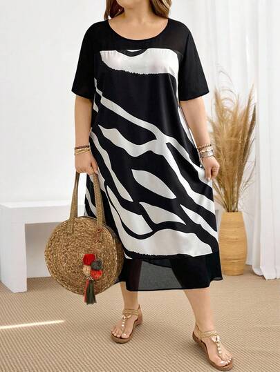 EMERY ROSE Plus Size Women's Short Sleeve Colorblock Printed Vacation Casual Blue And White Striped Dress