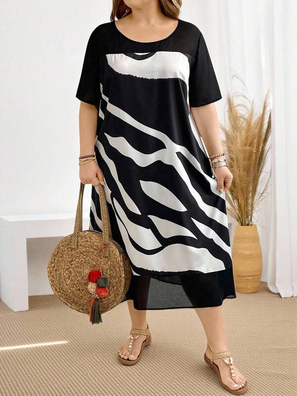 EMERY ROSE Plus Size Women's Short Sleeve Colorblock Printed Vacation Casual Blue And White Striped Dress