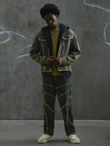 Manfinity EMRG 男士复古流苏牛仔夹克和阔腿裤两件套朋克复古水洗修身派对街头破洞牛仔秋装