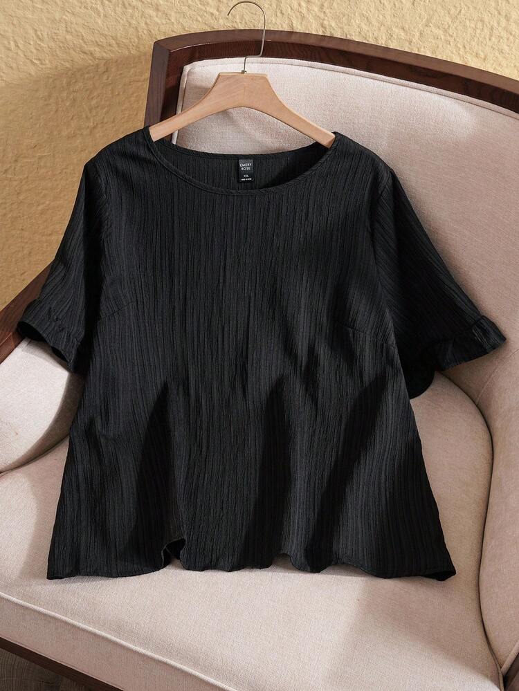 Rusticease Plus Size Blouse Leaf Hem Short Sleeves Simple Fashion Casual Everyday Vacation Western Wear Women Summer For Women Beach Ruffle - Black - View 2