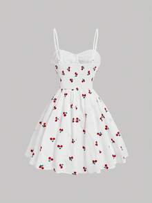SHEIN MOD Cherry Embroidery Spaghetti Strap Dress - White - View 2