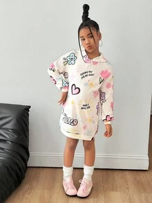 SHEIN 少女休闲宽松舒适字母图案卫衣，中长款，秋冬款 - 米色 - 查看 5