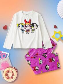 THE POWERPUFF GIRLS X SHEIN Tween Girl Cartoon Blossom, Bubbles, Buttercup Pattern White Casual Versatile Top And Rose Pink Cute Pants Comfortable Autumn/Winter Pajama Set - Pink - View 1