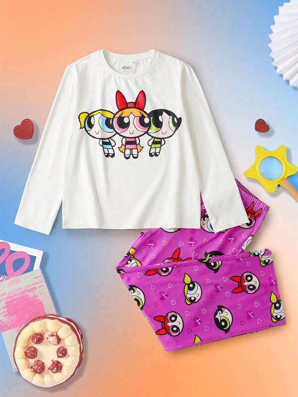 THE POWERPUFF GIRLS X SHEIN 少女卡通花朵、泡泡、毛茛图案白色休闲百搭上衣和玫瑰粉色可爱裤子舒适秋冬睡衣套装
