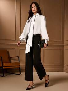 Lilora 女士休闲通勤优雅长袖系带前衬衫简约优雅系带衬衫冬季女士衣服高端精致优雅 - 白色 - 查看 1