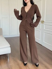 Livesso 2件套女士宽松休闲纯色毛衣，秋冬 - 咖啡棕 - 查看 5