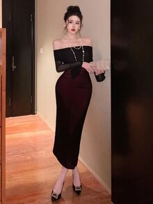 DAZY 女士优雅露肩喇叭袖中长连衣裙，秋季舞会礼服 - 黑色 - 查看 5