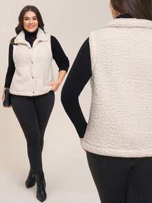 Comfylo 大码女式纯色单排扣休闲羊毛背心夹克，秋冬 - 杏色 - 查看 10