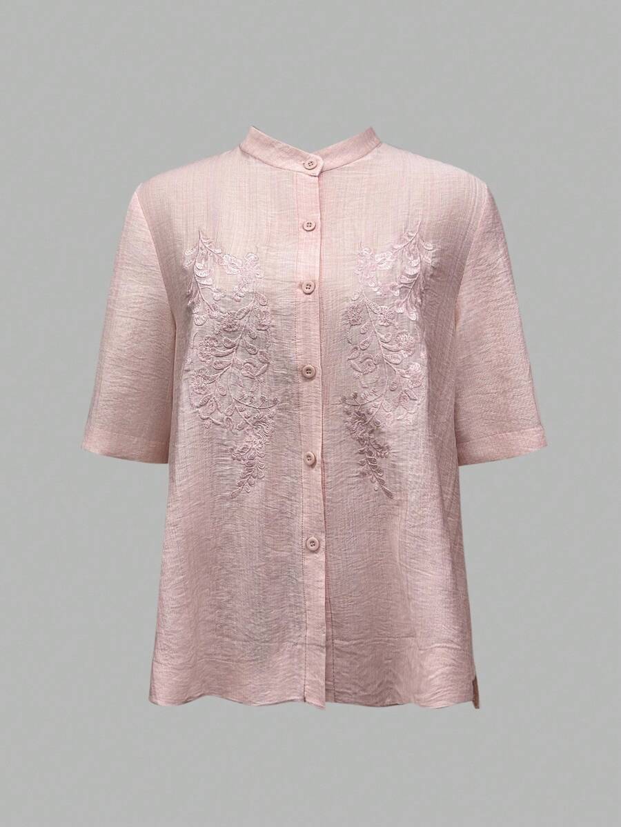 EMERY ROSE Women's Summer New Chinese Style Pink Textured Embroidered Cardigan Shirt - Pink - View 1