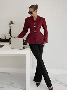 Siren Gaze Women's Solid Color Long Sleeve Single-Breasted Waist Cinched Elegant Jacket, Autumn/Winter Christmas New Year Red Burgundy - Burgundy - View 3
