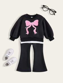 2pcs/Set Young Girl Casual Butterfly Print 2 In 1 Contrast Color T-Shirt And Sweatpants Set Fall Winter - Black - View 1