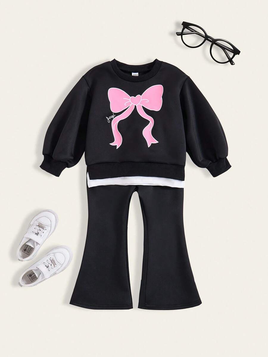 2pcs/Set Young Girl Casual Butterfly Print 2 In 1 Contrast Color T-Shirt And Sweatpants Set Fall Winter - Black - View 1