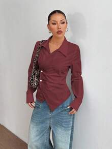 SHEIN MOOSTA 女士时尚休闲交叉领带收腰长袖衬衫 - 酒紅色 - 查看 6