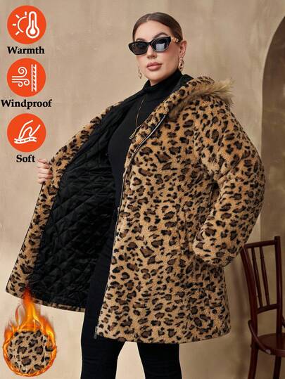 Chikora Plus Size Women Elegant Leopard Fluffy Coat With Pockets, Hooded, Autumn Winter Winter Costumes For Woman Winter Women Winter For Women Winter For Women Going Out Winter For Women Winter Modest For Women Costumes Plus Size