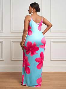 Slaydiva 大码女式无袖花卉印花修身夏装 - 藍色 - 查看 2