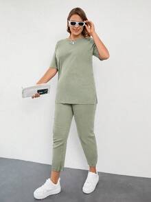 EURMUSE 大码夏季休闲纯色短袖T恤和裤子两件套 - 薄荷綠 - 查看 5