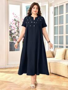 SHEIN Lacomfia 大码女式V领刺绣宽松休闲短袖衬衫裙 - 藏蓝色 - 查看 4