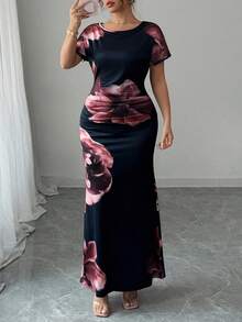 Elenzga Đầm suông cổ tròn tay ngắn thanh lịch lãng mạn thường ngày cỡ lớn cho nữ, dáng suông, eo thắt chặt - Nhiều màu - Xem 1