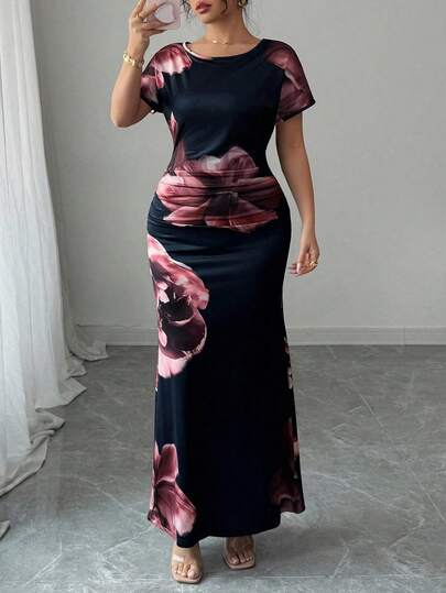 Elenzga Plus Size Women Elegant Romantic Casual Short Sleeve Round Neck Cinched Waist Straight Fit Dress