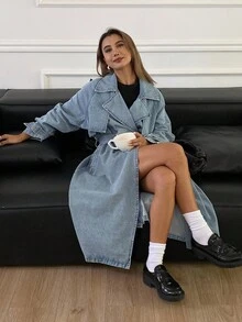 DAZY 女士宽松休闲长款牛仔夹克，秋冬 - 藍色 - 查看 6