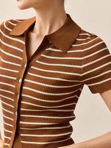 BizChic Áo len dệt kim tay ngắn cổ bẻ kẻ sọc thanh lịch lãng mạn dành cho nữ, đa năng cho trang phục công sở thường ngày, đi làm hàng ngày, trang phục công sở - màu nâu - Xem 6