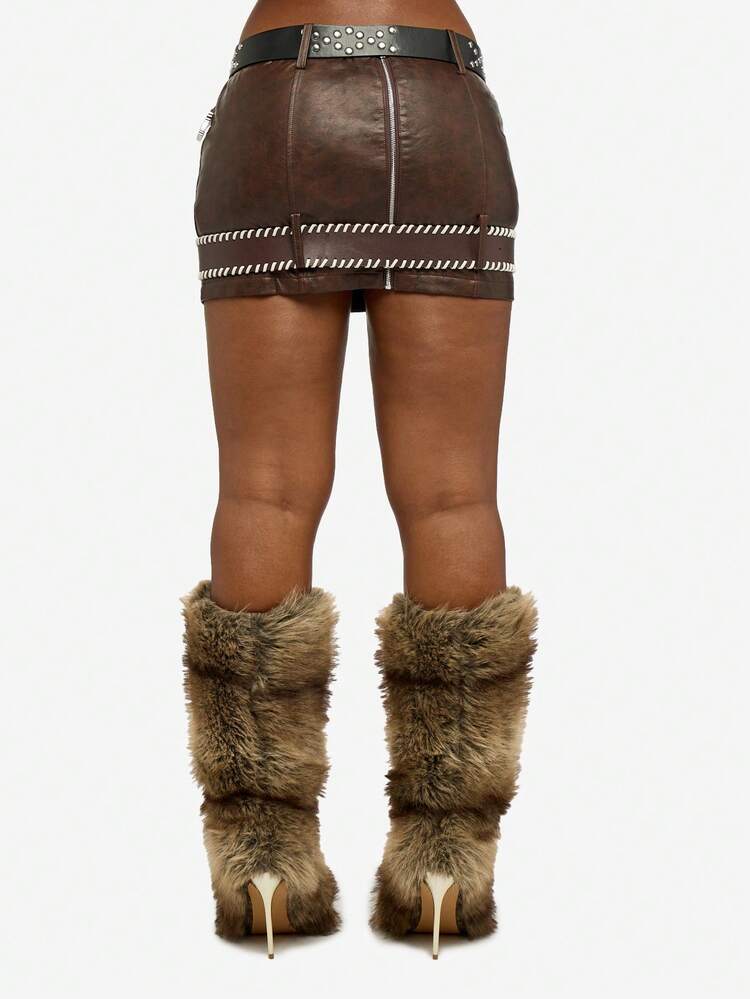 SUMWON WOMEN PU Leather Belt Detail Mini Skirt