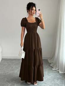 Selianne Elenzga 女士优雅长裙，独特领口，多层拼接，荷叶边，修身设计/垂坠/分层/假日装扮/波西米亚风/浪漫花卉/度假休闲 - 咖啡棕 - 查看 5