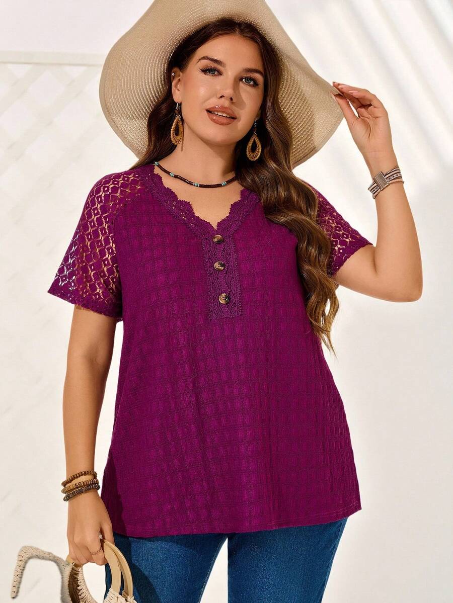 EMERY ROSE Plus Size Purple Lace Stitching Raglan Sleeves Front Collar Stitching Lace Button Decoration Plus Size T-Shirt Casual Vacation Suitable For Spring And Summer Boho Women's Clothing