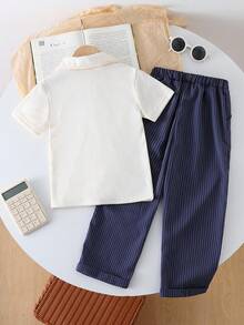 SHEIN Vintaside Kids 4-7 岁男童春秋衬衫套装，米色和棕色领扣长袖开衫上衣和条纹裤套装，返校校服，四季皆宜 - 藏蓝色 - 查看 2