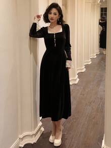 DAZY Vestido de fiesta elegante para mujer, vestido de longitud media con mangas abullonadas, parches de encaje y bloques de color, otoño