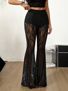 SHEIN Tall Women's Summer Club Outfits Sexy Country Concert Y2K Black Lace Petite Bell Bottoms - Black - View 3