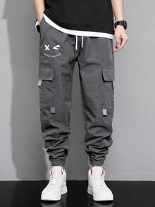 Claim Dot Men Slogan Graphic Flap Pocket Drawstring Waist Cargo Pants, For Fall