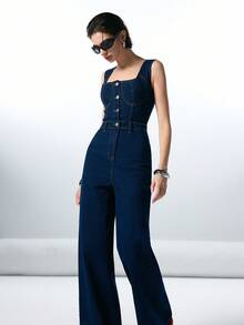 LYSMO 2025 Minimalist Autumn And Winter New Styles Casual Button Waist Sleeveless Women Denim Overalls/ Winter Clothes For Women/Women's Winter Denim Overalls /Christmas/Christmas Clothes /Christmas Outfit For Women/Christmas Women's Clothing /New Year Clothes / New Year Women /Clothes For New Year/ New Year Women's Clothes / Thanksgiving Outfit For Women/Thanksgiving Overalls/ Stylish Women's Denim Blouses / Stylish Clothing Collection /Denim Overalls/Waisted Denim Overalls/Y2K - Dark Wash - View 4
