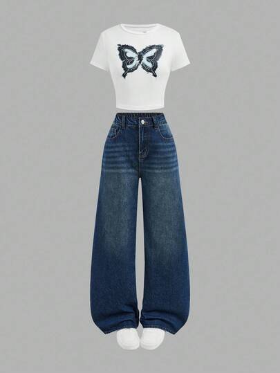 SHEIN Girlism 少女 Y2K 牛仔外观蝴蝶图案白色 T 恤和蓝色阔腿牛仔裤套装，少女暑假服装