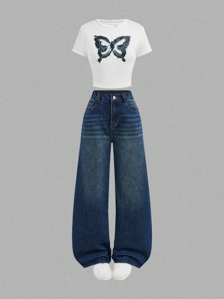 SHEIN Girlism 少女 Y2K 牛仔外观蝴蝶图案白色 T 恤和蓝色阔腿牛仔裤套装，少女暑假服装