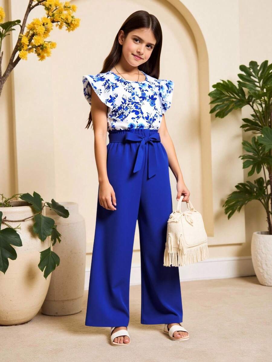 SHEIN Tween Girls' Floral Printed Ruffle Hem Cap Sleeve Top And Shorts Two Pieces Set - Blue - View 1