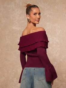 Lumalex Burgundy,Autumn,Elegant,Dinner Date Women's Off-Shoulder Ruffle Flare Sleeve Bodycon Sweater With Metal Button Decor,Tight Fitting Low Waist Pullover - Burgundy - View 3