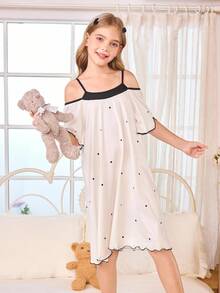 SHEIN 菱形印花撞色无袖休闲睡裙，适合青少年女孩 - 杏色 - 查看 3