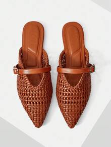 MOTF 女士新款法式时尚镂空编织带扣尖头平底鞋，百搭舒适，时尚轻便，简约高端优雅性感平底鞋 - 棕色 - 查看 1