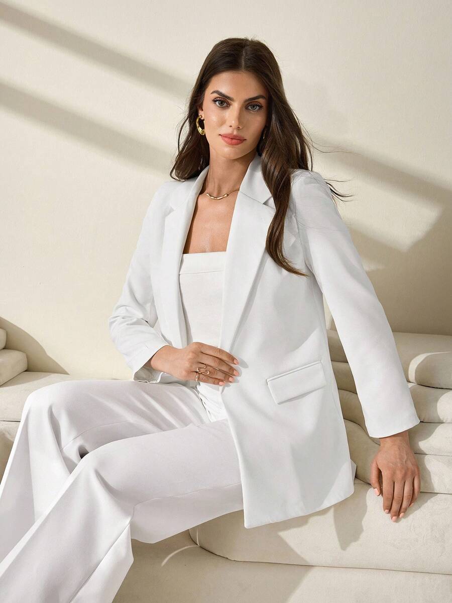 CLARA VERO Damen Einfarbige Lange Ärmel Blazer Jacke mit Knopfdetails vorne - Weiss - Übersicht 1