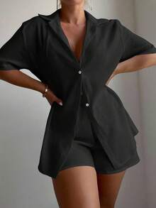 Bonvoyette Summer Beach Solid Button Front Cover Up Set