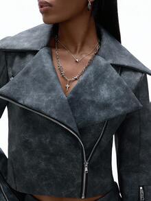 Aveloria Affinna Y2K Women 2 Pieces Set: Distressed Vintage PU Leather Cropped Jacket With Zipper Design & Low-Waist Mini Skirt, & Versatile