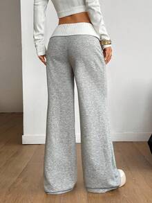Coolane Women's Winter Streetwear Going Out Casual Back To School Vintage Daily Wear Y2K Rib Knit White Turn-Down Trousers French Grey Flare Pants