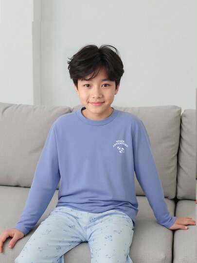 2 件套 Tween Tween Boy 休闲火箭印花圆领长袖上衣和裤子套装，牛奶丝抓绒面料，家居服，返校时尚