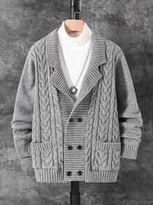 SHEIN 1-Pack Tween Boy Casual Sports College Thick Double-Breasted Gray Cardigan Sweater With Twisted Pattern Decoration, Suitable For Kids Outfits Toddler Boy Clothes Back To School Boys Set Suitable For Birthday Parties, Evening Parties, Performances, Opening Ceremonies Daily Suitable For Daily Use Suitable For School Suitable For Suitable For Sports Suitable For Autumn And Winter - Grey - View 2