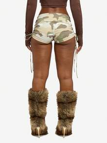 SUMWON WOMEN High Waist Ruched Drawstring Booty Shorts Festival Club Party Rave Bottoms Western Style Leg Warmers Furry Winter Evening Wear - Multicolor - View 2