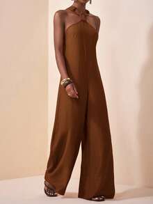 Zivah Women's Solid Color Round Ring Connected Fashionable Wide Leg Jumpsuit - Brown - View 6