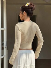 SHEIN Unity 女士花卉镂空休闲单排扣短款开衫，长袖